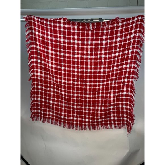 Red Plaid Scarf Shawl With Fringe 43" x 43" Polyester Blend - Picture 2 of 16